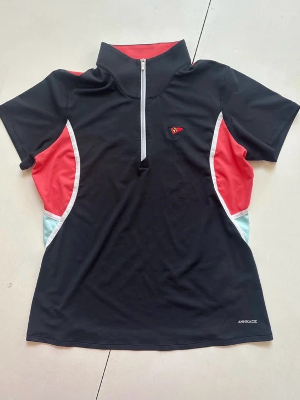ANNIKA Cutter & Buck Medium Women’s Short Sleeve Golf Top in Black & Coral